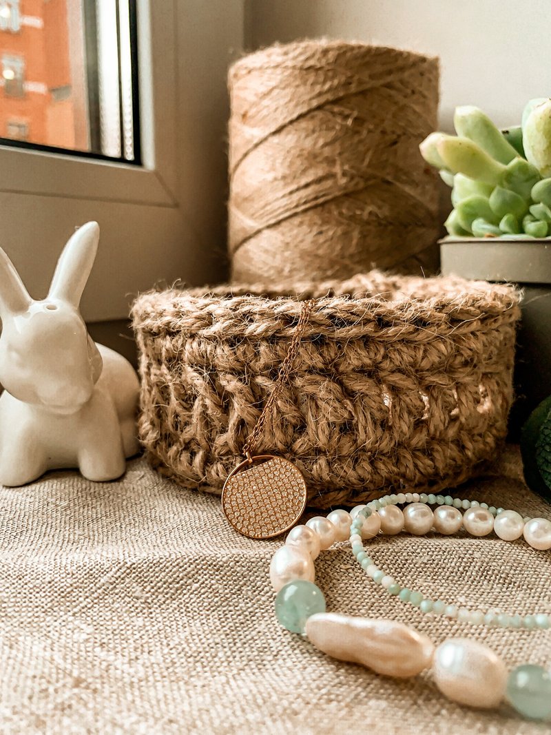 かぎ針編みノルディックスタイルスモールバスケット - 棚・バスケット - コットン・麻 カーキ