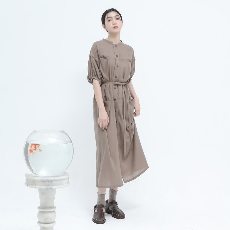 [Classic original] Xilu_Xilu lantern sleeve Brown - One Piece Dresses - Polyester Multicolor