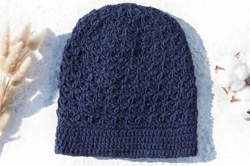 手工編織純羊毛帽/編織帽/針織毛帽/內刷毛手織毛帽/毛線帽-丈青 - 帽子 - 羊毛 藍色