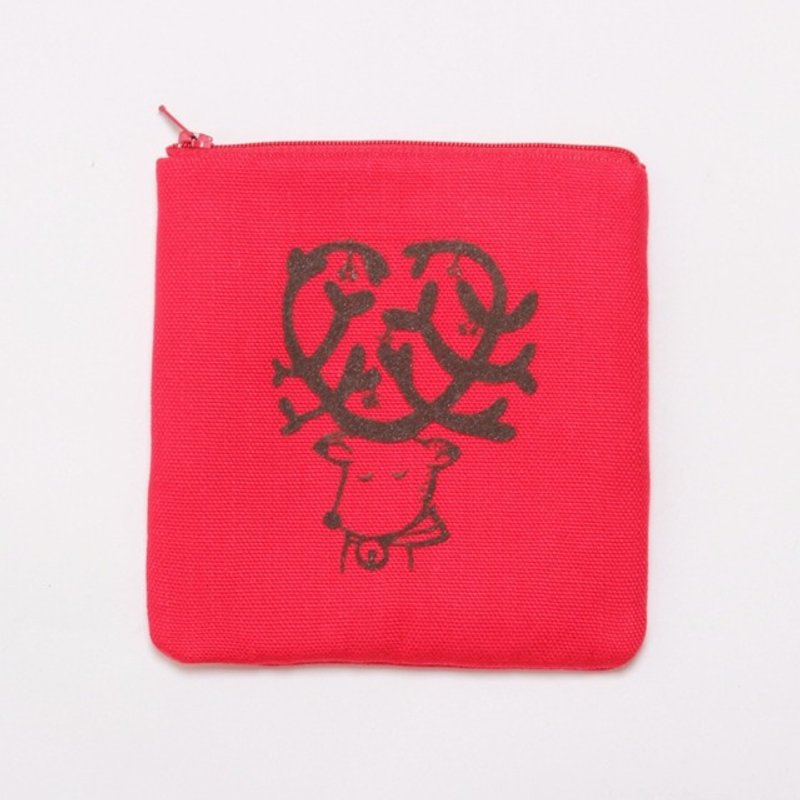 Christmas ball reindeer zip bag - Toiletry Bags & Pouches - Cotton & Hemp Red