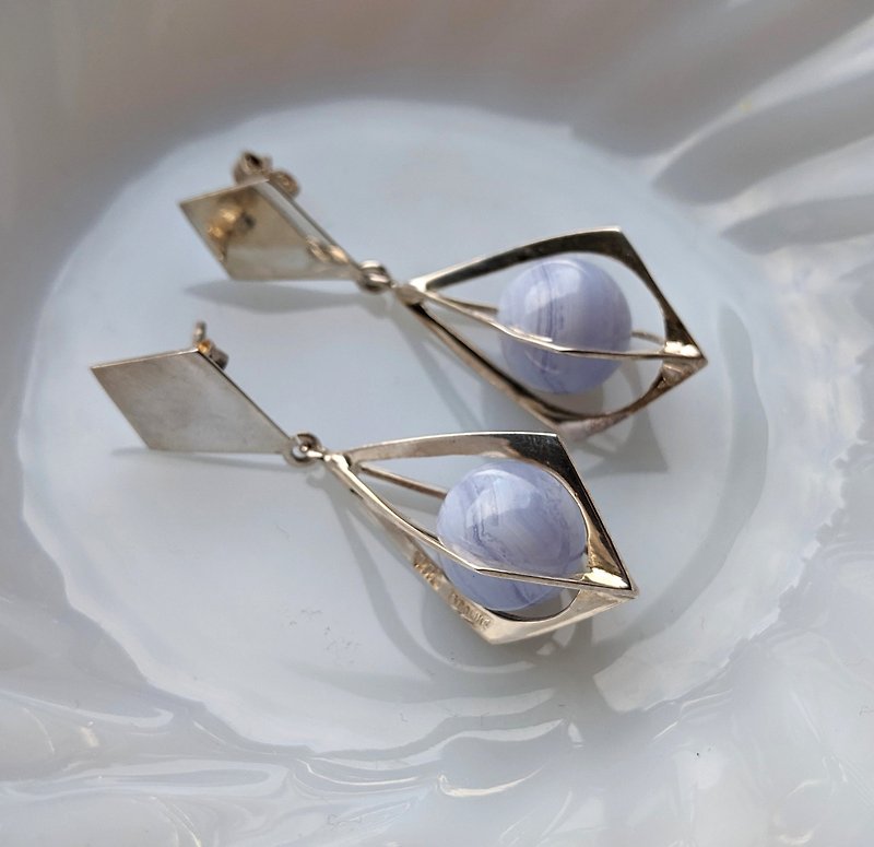 古董純銀藍紋瑪瑙針式耳環 - 耳環/耳夾 - 純銀 