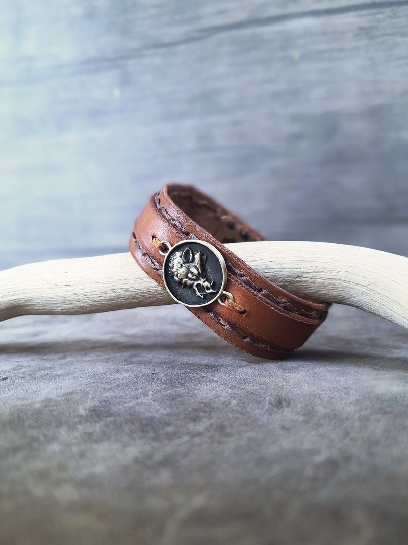 Wild Boar Men Leather Bracelet, Pig Leather Cuff, Year of the Go - 手鍊/手環 - 真皮 咖啡色