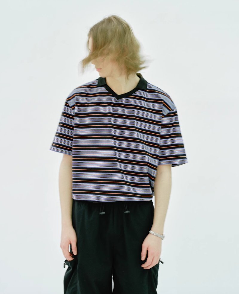 Japanese retro striped polo collar short-sleeved T-shirt - เสื้อยืดผู้ชาย - วัสดุอื่นๆ สีม่วง