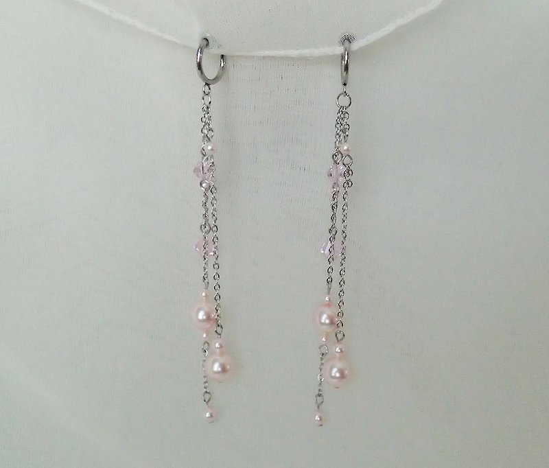 玻璃 耳環/耳夾 粉紅色 - 施華洛世奇元素 & 不鏽鋼  耳圈夾 耳環 (一對)