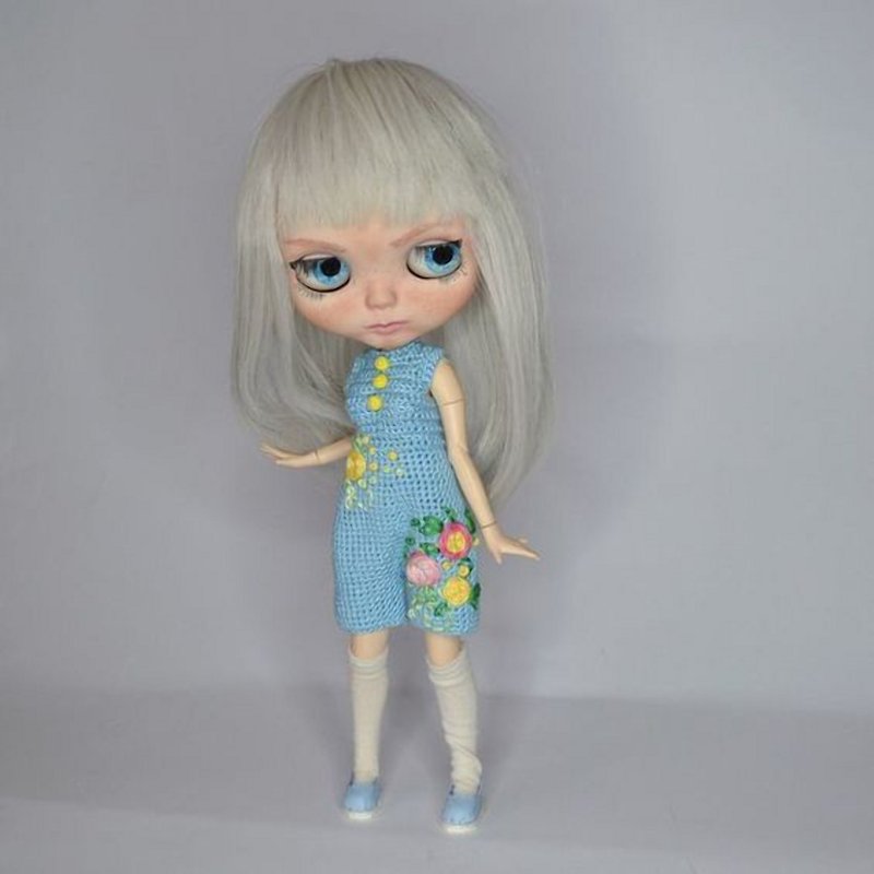 Blythe Romper, blythe doll outfit - ตุ๊กตา - ผ้าฝ้าย/ผ้าลินิน สีน้ำเงิน
