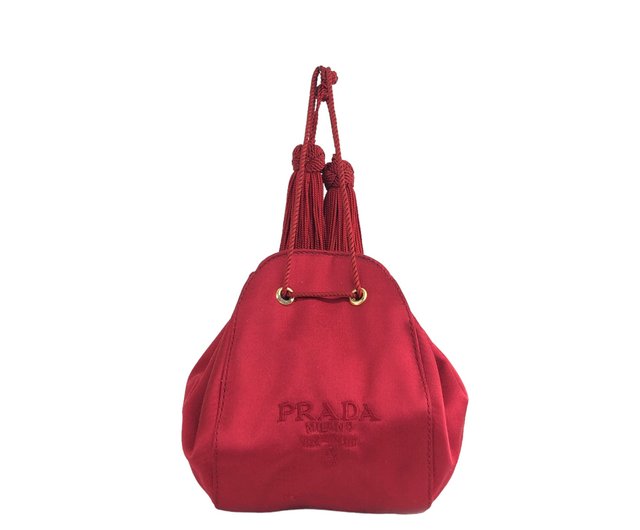 PRADA プラダ ハンドバッグ レッド ロゴ刺繍 サテン 巾着 フリンジ vintage ヴィンテージ オールド e2mrt5 - ショップ  VintageShop solo トートバッグ・ハンドバッグ - Pinkoi