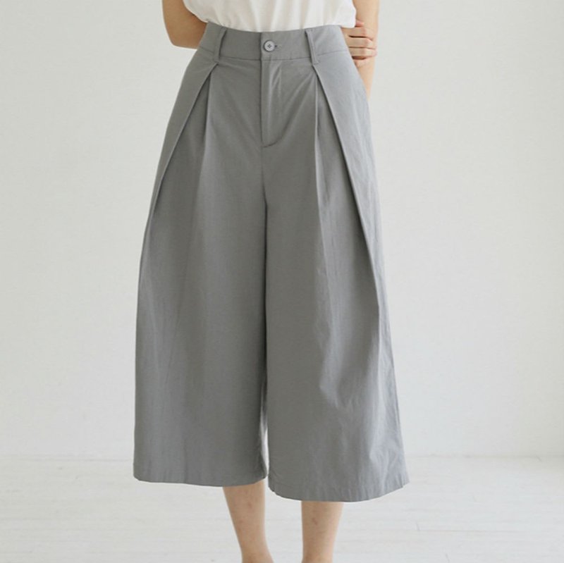 Gray-blue three-dimensional pleated loose eight-point wide pants stretch cotton spring and summer thin section casual loose plain wide-leg pants - กางเกงขายาว - ผ้าฝ้าย/ผ้าลินิน สีน้ำเงิน
