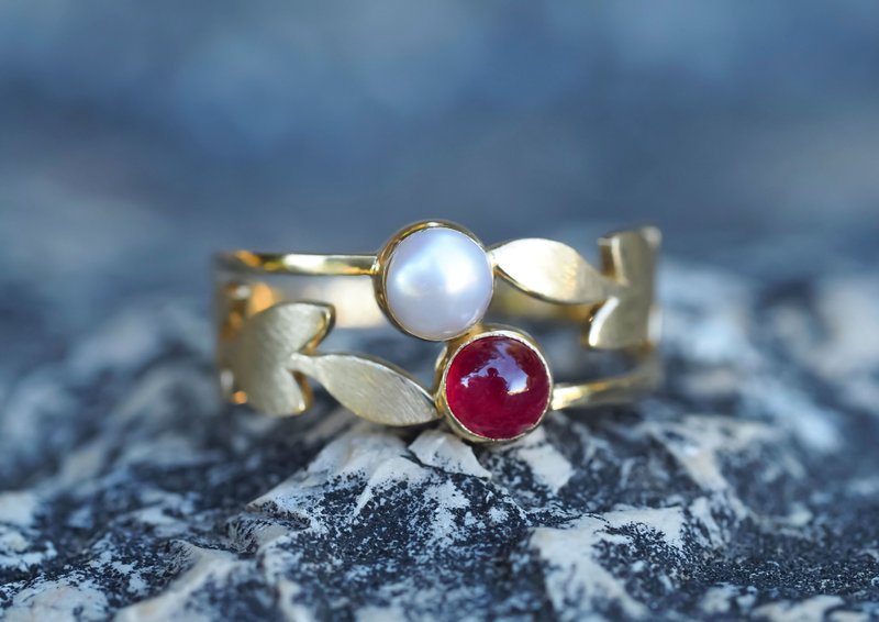 14k gold ring with ruby and pearl - 戒指 - 貴金屬 金色