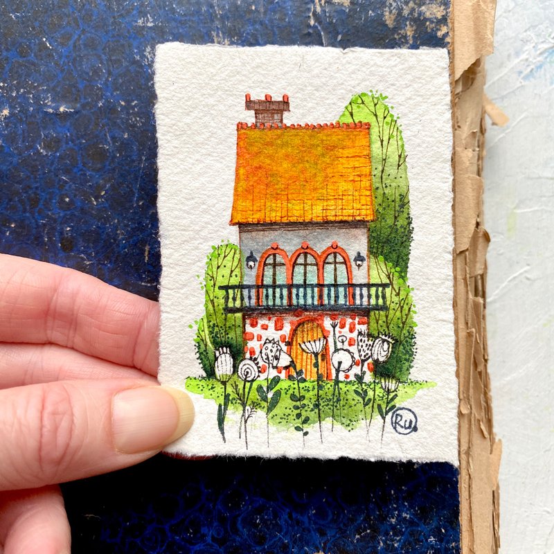 Mini art House Original watercolor Handmade paper art ACEO card - 海報/掛畫/掛布 - 紙 多色