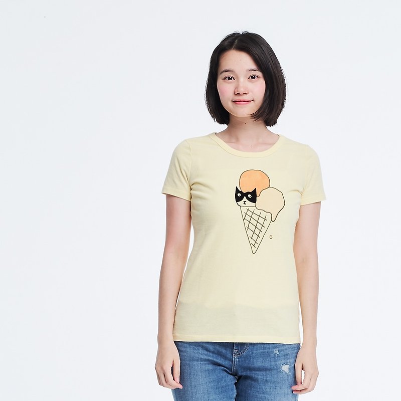 猫とアイスクリーム ピーチ起毛ソフトコットン・半袖・レディースTシャツ、黄