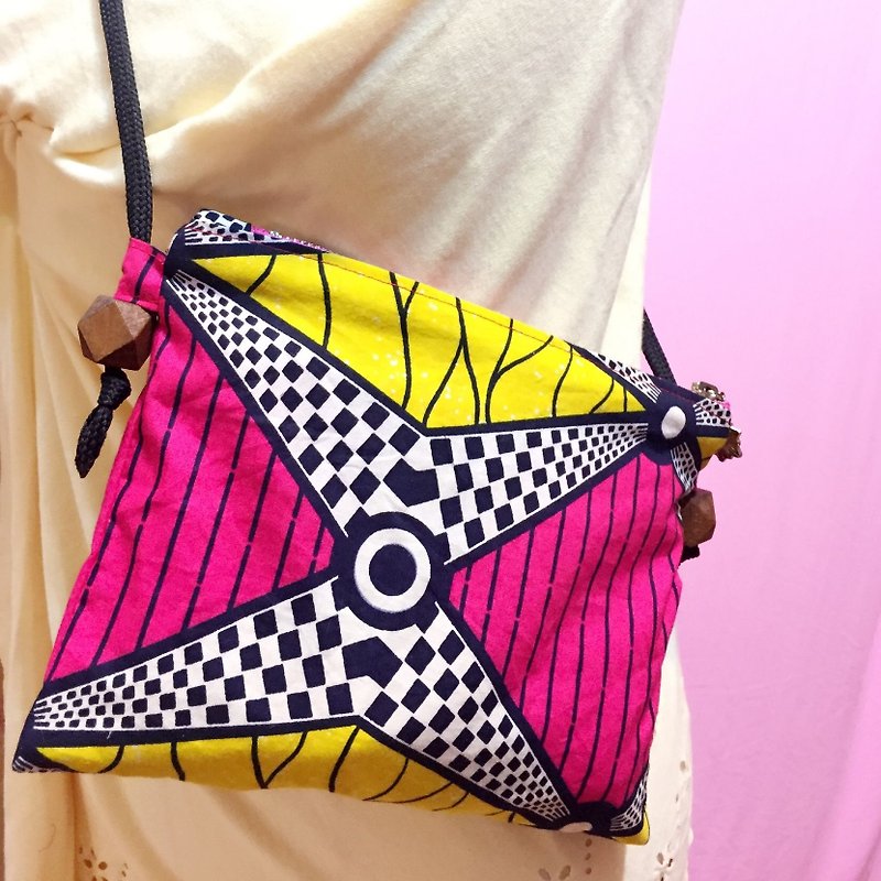 [Love Africa] African flower cloth side backpack - pink water chestnut - กระเป๋าแมสเซนเจอร์ - ผ้าฝ้าย/ผ้าลินิน 