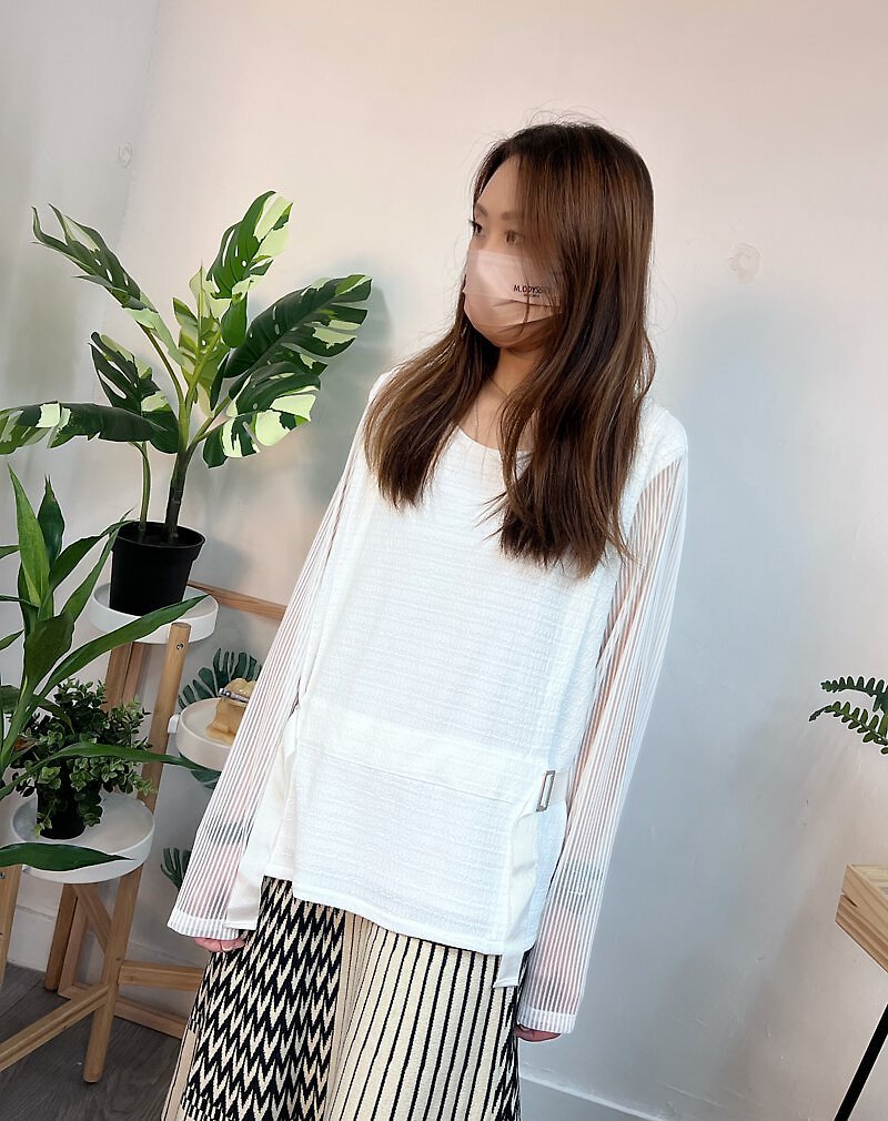 Net Sleeves Top with Build-In Belt 22.198 - White - 女裝 上衣 - 棉．麻 白色