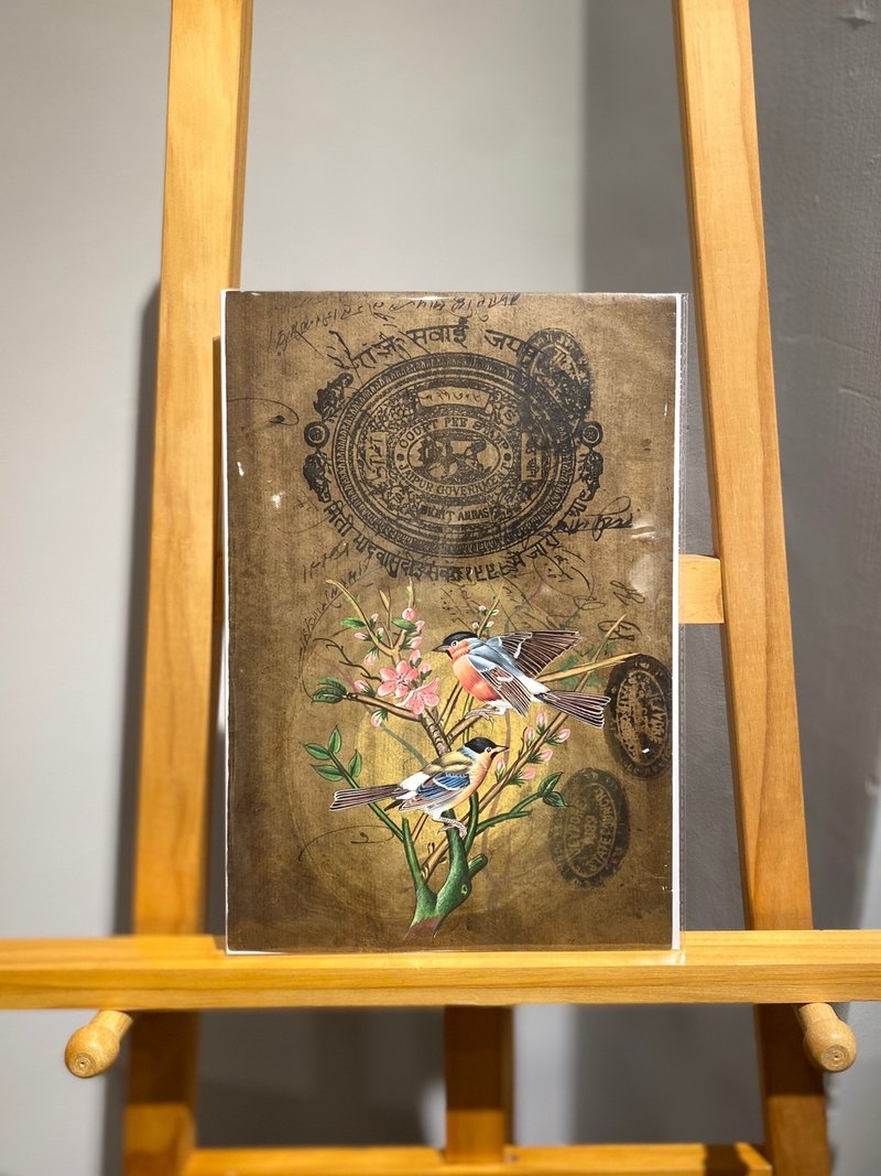 Vintage印度舊印花稅票紙細密畫- 枝頭上的知更鳥 - 古董antique - 海報/掛畫/掛布 - 紙 咖啡色