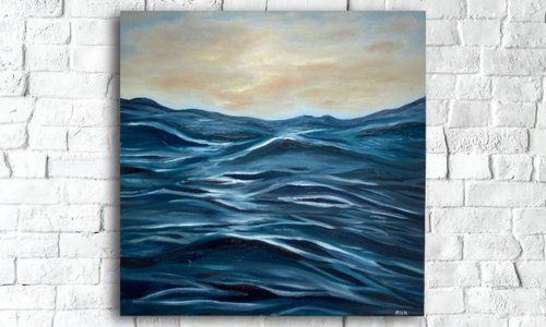 ミニマルな海の絵画、油絵、オリジナルの波のアート、海景の壁の