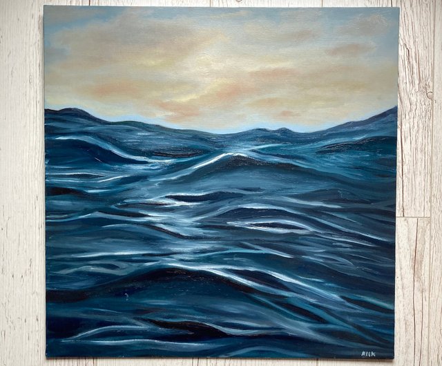 ミニマルな海の絵画、油絵、オリジナルの波のアート、海景の壁のアート