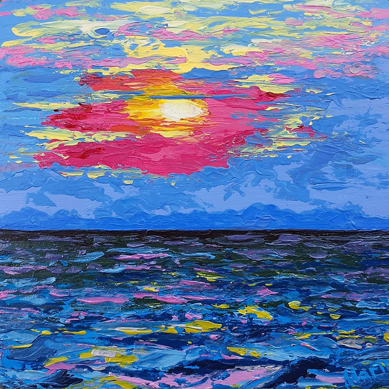 Sunset Painting Nautical Seascape Original Acrylic Wall Art Tropical Beach Sun - 掛牆畫/海報 - 其他材質 藍色