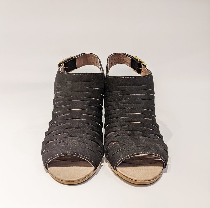 Italian leather classic black fish mouth high heel sandals - รองเท้ารัดส้น - หนังแท้ สีดำ