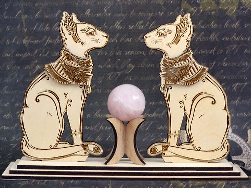 CopperWoodStore Egyptian cats sphere stand Handmade Wood sphere holder Bastet statue Witchcraft