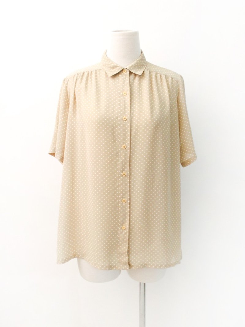 Vintage Japanese Made Khaki Dot Loose Short Sleeve Vintage Shirt Vintage Blouse - Women's Shirts - Polyester Khaki