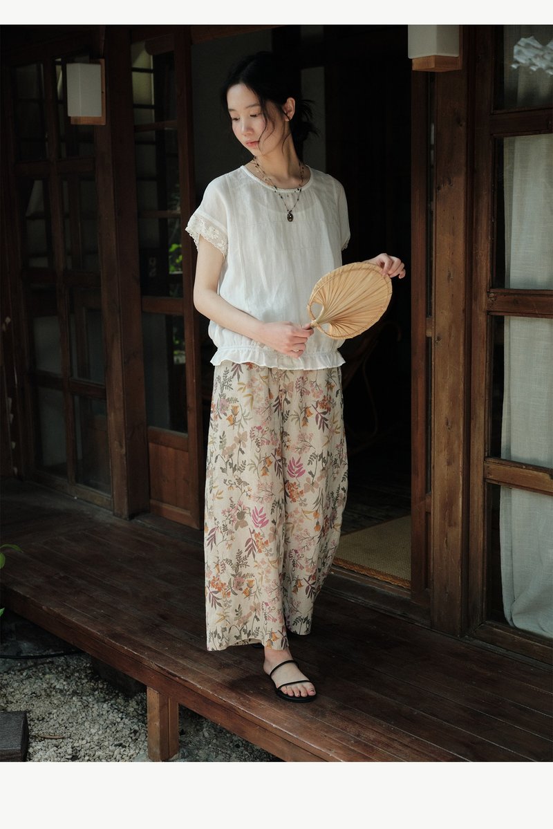 法國雨露麻花卉褲亞麻褲 - 女長褲 - 棉．麻 多色