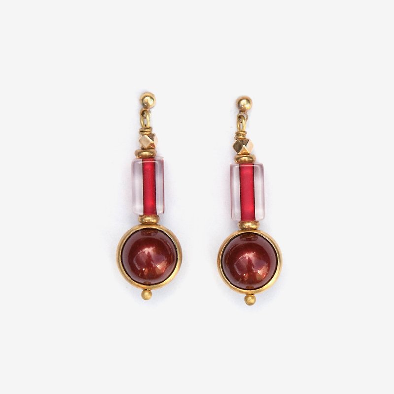 酒紅珍珠琉璃耳環 耳針/耳夾 - 耳環/耳夾 - 其他金屬 紅色