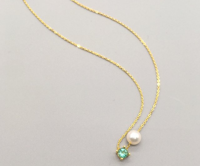 K10YG/SV925 Emerald Necklace, May Birthstone, Akoya Pearl Dainty