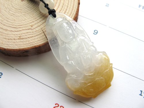 ONION BULB 翡翠A貨天然緬甸玉【觀世音菩薩】天然冰種蜜黃翡玉墜
