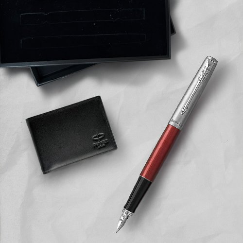 文聚 Parker 派克Jotter原創系列(鋁桿)紅鋼筆 牛皮短夾禮盒 免費刻字