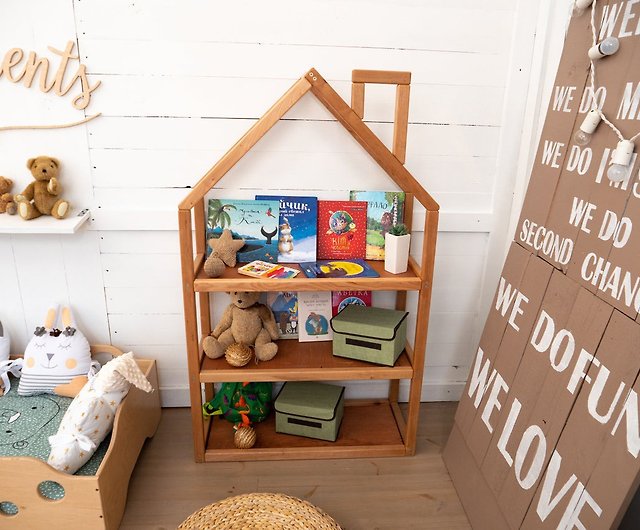 Montessori House Shaped Shelf Kids, Large White Wooden Montessori Bookcase Dollhouse