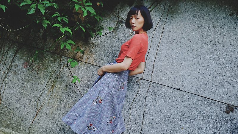 千鳥格子刺繍タイウエストスカート - スカート - コットン・麻 グレー