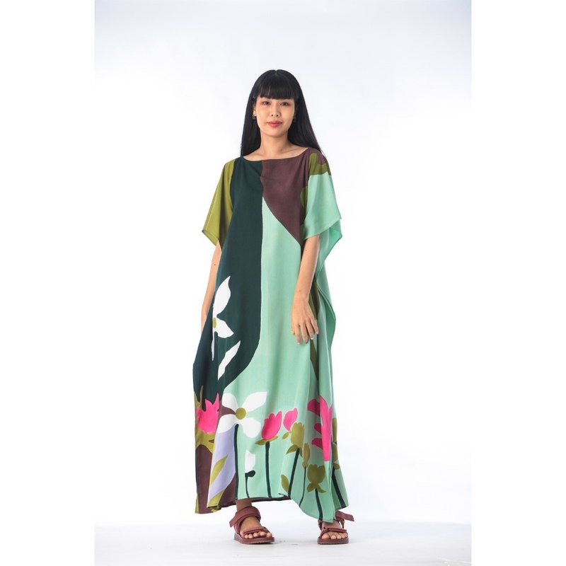 Hand Painted Cotton Silk Kaftan for Summer Resort Vacation F - 洋裝/連身裙 - 棉．麻 綠色