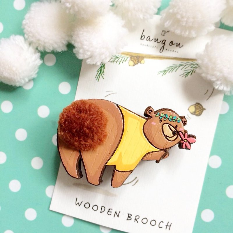 Wooden brooch fluffy tail bear - เข็มกลัด - ไม้ สีนำ้ตาล