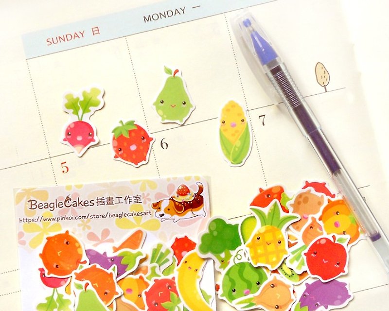 蔬菜水果貼紙: 手帳貼紙系列60入- Fruits & Vegetables Stickers - 貼紙 - 紙 多色