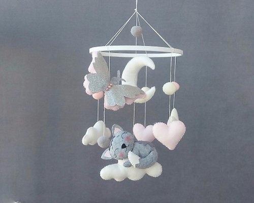 BabyMobileAnn Baby mobile cat, Gray and pink mobile, Baby shower gift Butterfly mobile girl