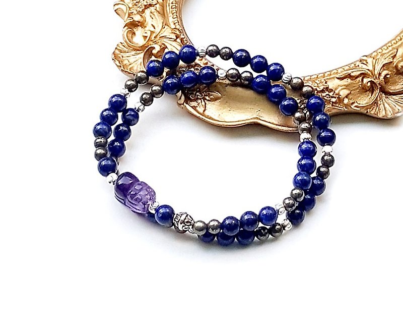 Lucky Blessing Pixiu Series-Lapis Lazuli x Pyrite x Amethyst Pixiu Double 925 Sterling Silver Bracelet - Bracelets - Crystal Multicolor