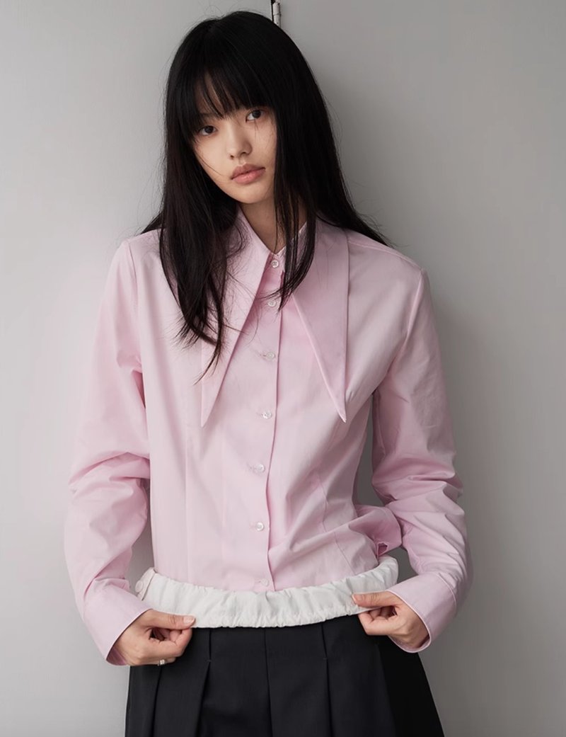 Japanese retro pink long pointed collar shirt - Women's Shirts - Other Materials Pink