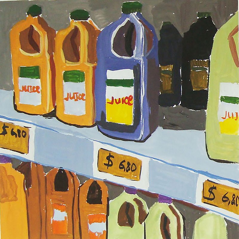 Gouache painting Bottles of fruit juice in the store still life, Original Art - Wall Décor - Paper Multicolor