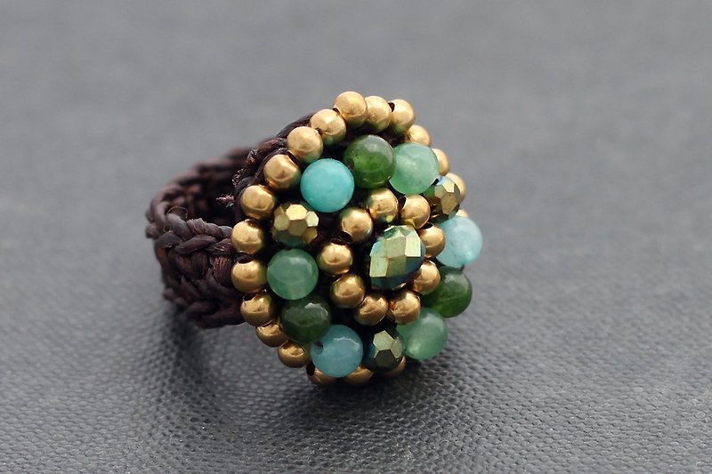 Jade Knitted Woven Ring Cocktail Party Czech Beads - General Rings - Stone Green