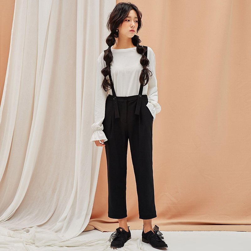 Anne Chen 2017 autumn new ladies solid color strap pants - กางเกงขายาว - วัสดุอื่นๆ สีดำ