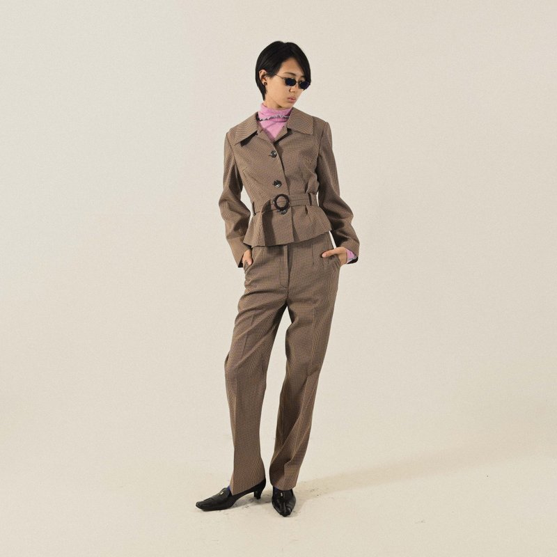 【NaSuBi Vintage】Two-piece vintage suit in plaid fabric - Women's Blazers & Trench Coats - Other Man-Made Fibers Brown