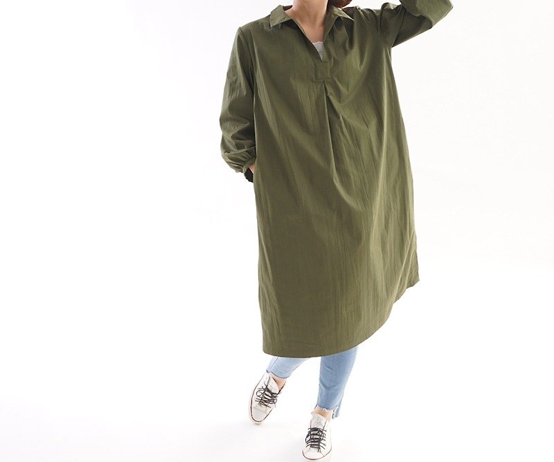 皺コットン　シャツ スキッパーワンピース/オリーブ a18-10 - 連身裙 - 棉．麻 綠色