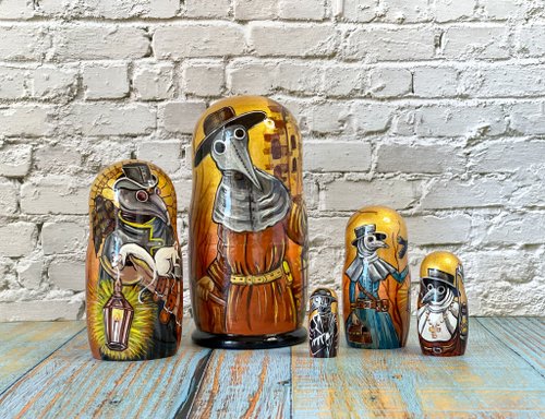 Plague Doctor matryoshka nesting dolls 7 inches (17,5 cm) Hand painted