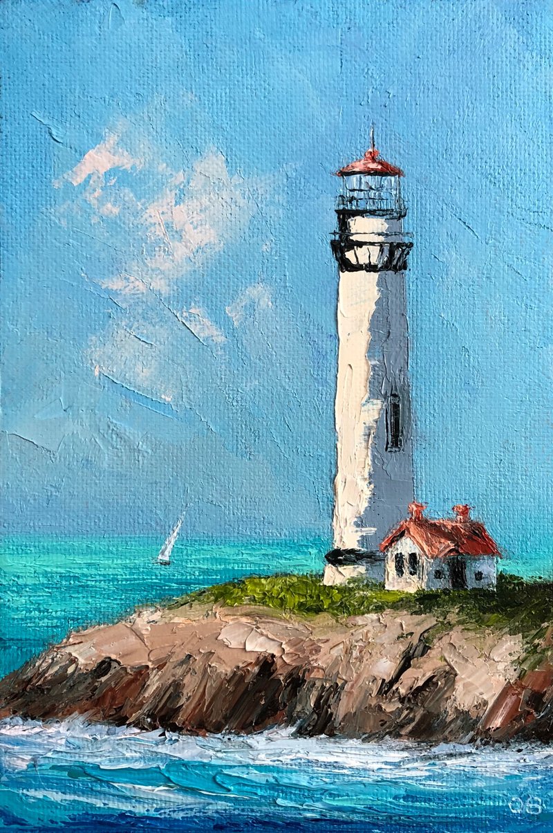 Original Seascape Oil Painting On Canvas Lighthouse Landscape Impasto Artwork - 壁貼/牆壁裝飾 - 棉．麻 多色