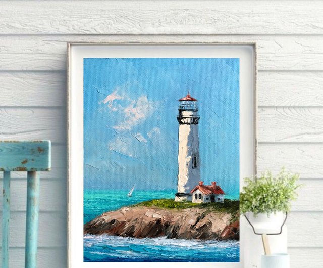 Original Oil Painting on Canvas factory SEASIDE WITH LIGHTHOUSE by N. Weston