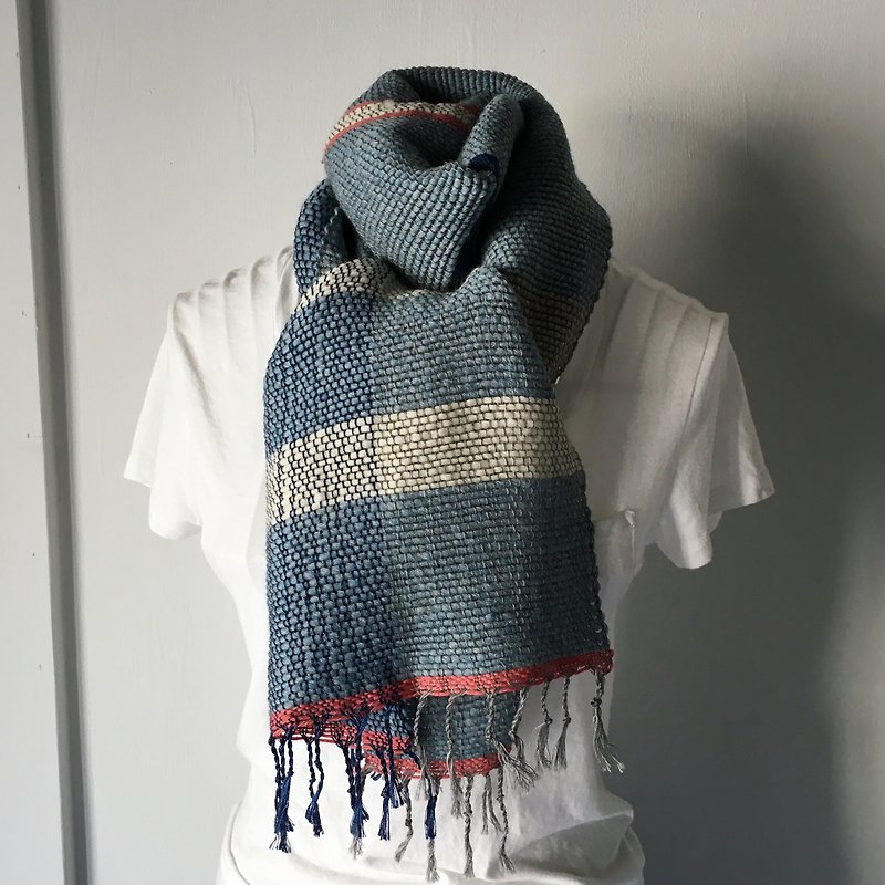 【ウール＆シルクカシミヤ：秋冬】ユニセックス：手織りマフラー "Blue & Gray 4" - 絲巾 - 羊毛 藍色
