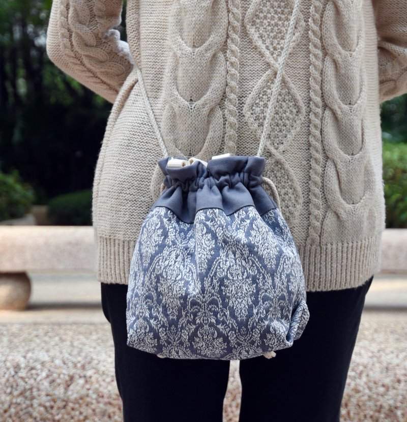 Three-in-one shoulder/cross-body/hand-held bucket bag ~ Damask (A41) - Messenger Bags & Sling Bags - Cotton & Hemp Gray