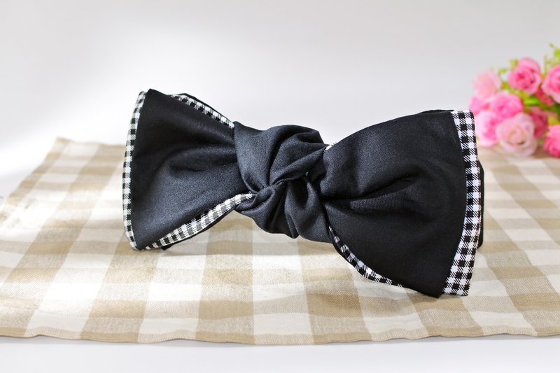 Double-layer knotted hair band. Elasticity. Bow hair band. Hand-made hair band. Three-dimensional bow (black grid) - ที่คาดผม - ผ้าฝ้าย/ผ้าลินิน 