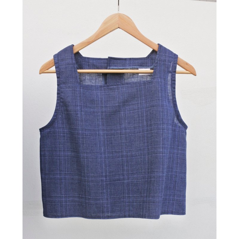 Linen shirt, sleeveless, square neck, blue plaid. - 女上衣/長袖上衣 - 棉．麻 藍色
