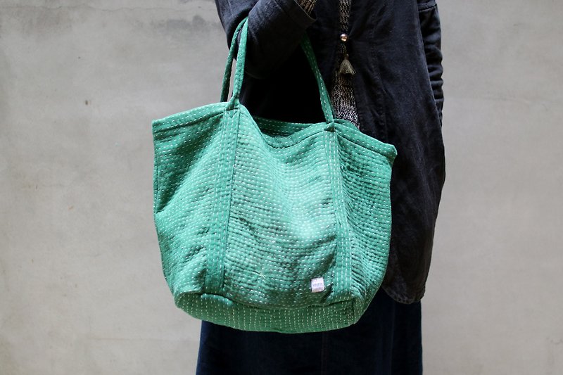 Chahat India Kantha embroidery dyeing green bag _ - Handbags & Totes - Cotton & Hemp Green