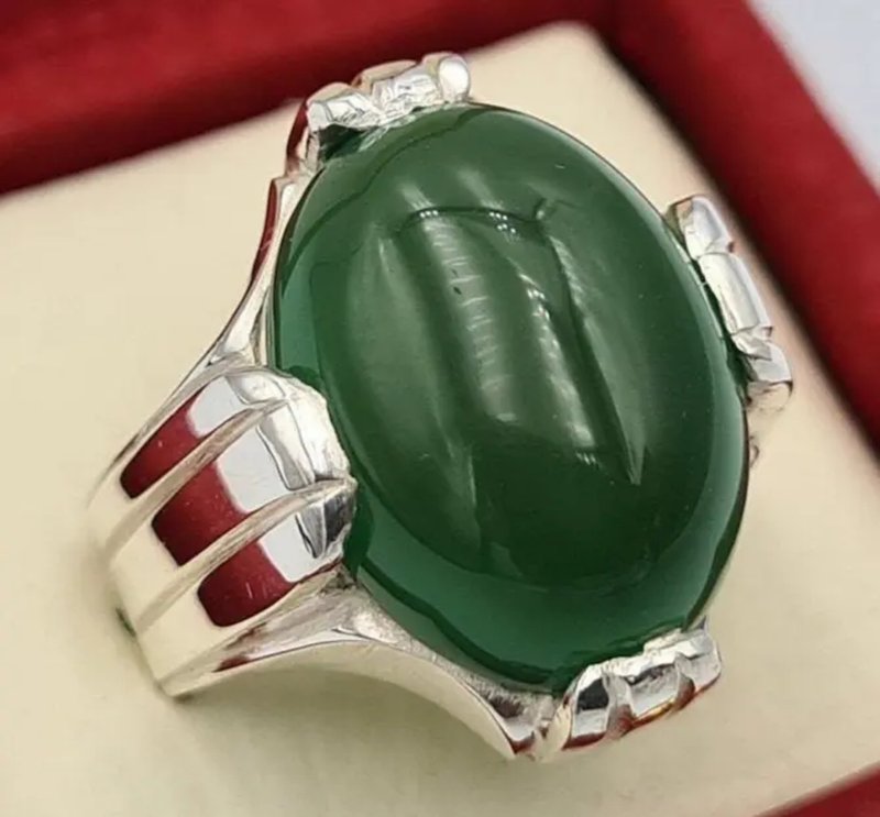 Green Yemeni Aqeeq Yamni Yemen Yamani Agate Akik Aqiq Hakik Ring Handmade Silver - 戒指 - 寶石 綠色